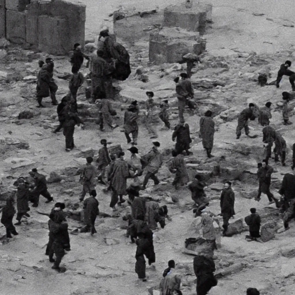 Image similar to low resolution filmstill of a north Korean thriller in the style of Akira Kurosawa, Fritz Lang, Jeff Wall