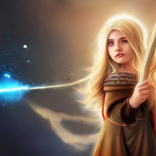 Prompt: A young mage with blonde hair holding a magical wand. Fantasy, digital painting, HD, 4k, detailed.