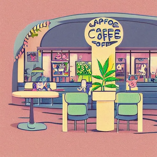 Prompt: isometric cute cartoon illustration style cafe australian, decorated with only cute detailed cannabis leaves in two ceramic pots, tables, utopian simple frontage, 2 cute characters, cute poster, beautiful composition pastel palette by will barnet, digital art, hyperrealistic soft, inked digital, render fun cartoon