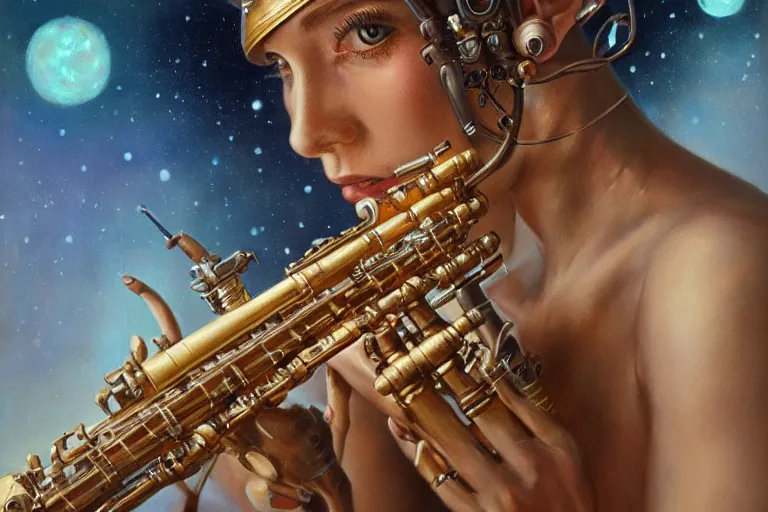 Image similar to a beautiful ultradetailed vintage photo of cyborg playing an oboe, by tom bagshaw and anna dittman, portrait, vignette, 3 5 mm lens, golden ratio composition, detailed face, studio photography, very detailed, humanoid, industrial robot, artstation, 8 k, highly coherent