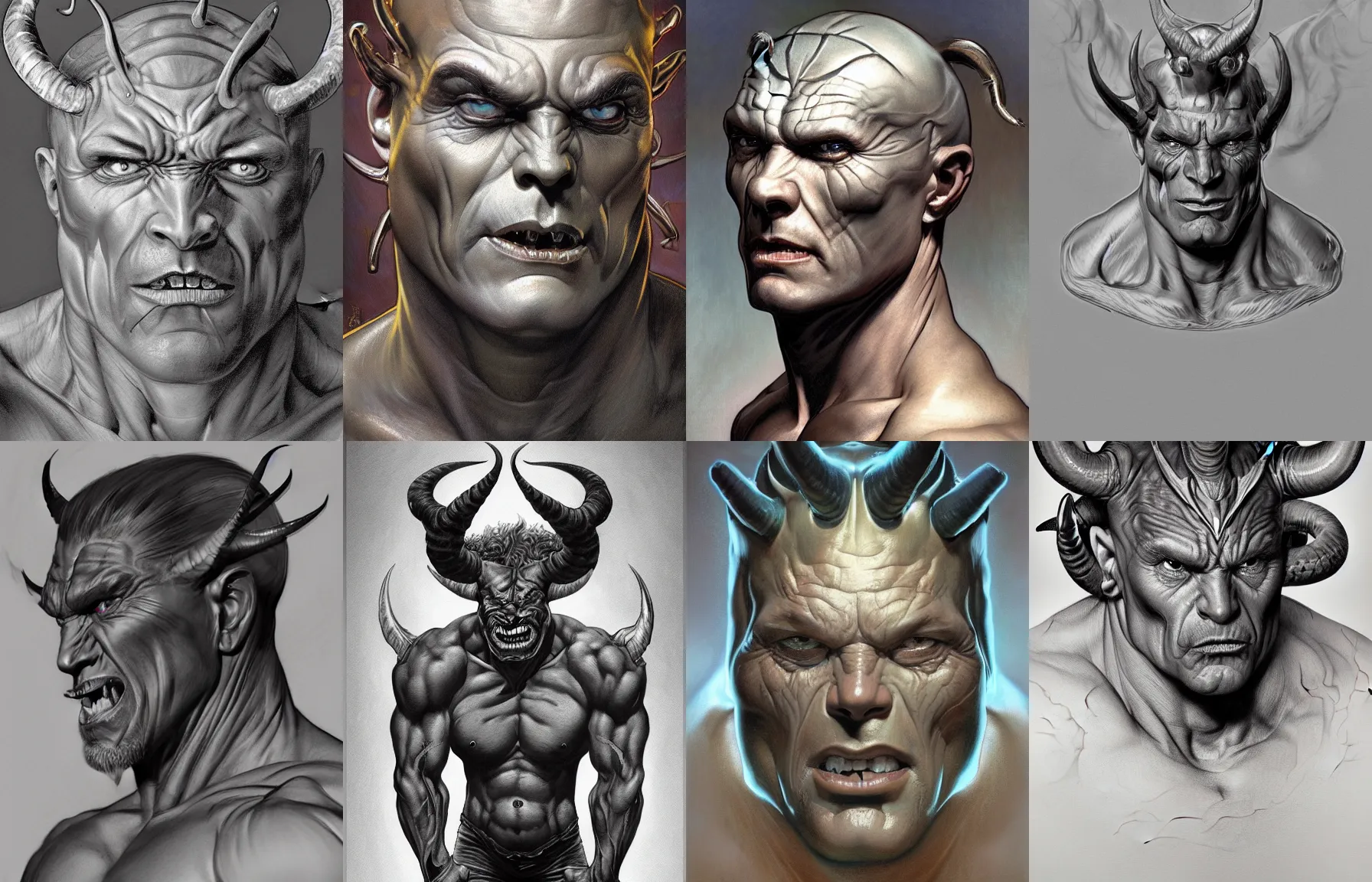 Prompt: Head-and-shoulders portrait of a hunky, muscular grey-skinned demon with an inhuman alien face and curving oil-slick horns drawn by Donato Giancola and Jon Foster, frank frazetta, alphonse mucha on a flat grey background, 4k, volumetric lighting, french nouveau, trending on artstation, hyperrealistic, SFW
