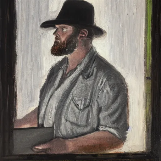 Image similar to a highly detailed portrait of a gross neckbeard man wearing a fedora in a dark basement illuminated by a computer screen, 8 k, 4 k, oil on canvas