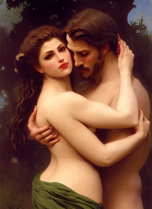 Image similar to kitsch mills and boon romance novel cover with cthulhu!! hugging eva mendes, they are in love, by william - adolphe bouguereau, john singer sargent, digital painting, artstation, concept art, smooth, sharp focus, warm lighting,