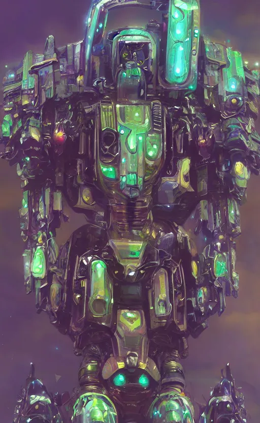 Image similar to upper half portrait of retro futuristic mech robot - embellished with vegetation and iridescent crystals, art by stanley artgem lau, highly detailed, digital painting, concept art, illustration, smooth sharp focus, intricate, symmetry, artstation, colourful,