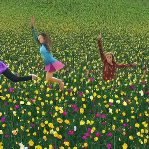 Image similar to humans running in a flower field with their hands in the air, funny facial expressions, eyes rolled back, 'the drugs are finally kicking in'