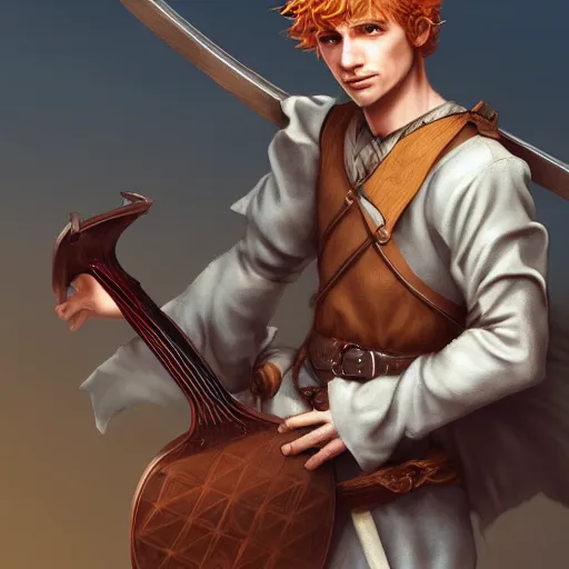 Image similar to kvothe with a lute by artgerm, digital art, unreal engine 5, trending on artstation, deviantart, pinterest, rule of thirds, 4 k uhd image