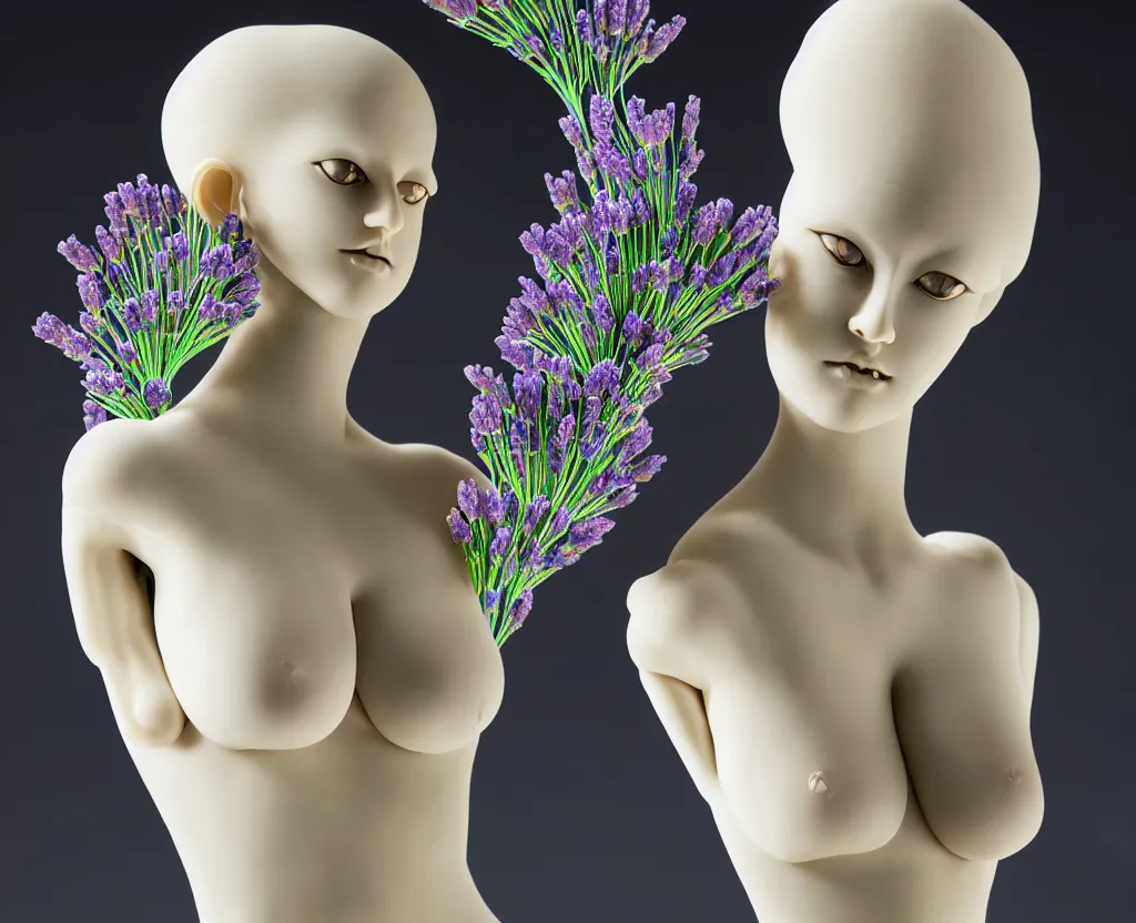 Image similar to beautiful mannequin sculpted out of onyx by billelis + lit with geometric neon printed lavender kintsugi + doorway opening to a new dimension with geometric fractal vaporwave light + flowering bonsai trees!!!!, transcendent, clean linework, dramatic, moody, finely detailed, 4 k, trending on artstation, award winning, photorealistic, volumetric lighting, octane render