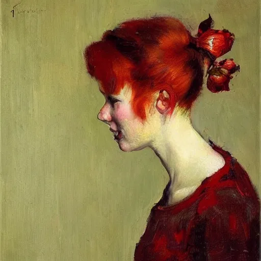 Image similar to profile of a girl with red hair, holding flowers joseph todorovitch