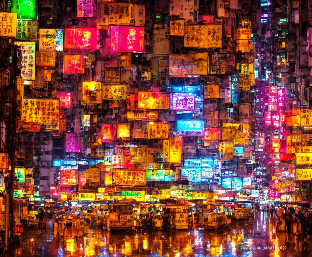 Prompt: neo hong kong, rainy atmosphere, night time, bright lights, colorful signs, busy streets, high res, kowloon