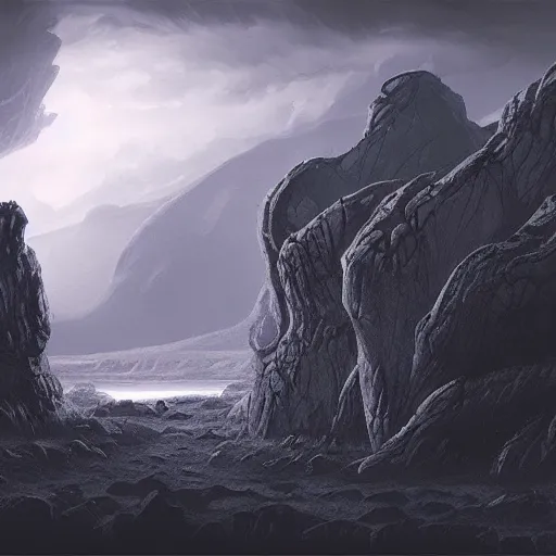 Image similar to basalt cliffs with sharp edges, dark atmosphere fantasy landscape, high detail, fantasy art, concept art, 4 k, ultra detail, computer art