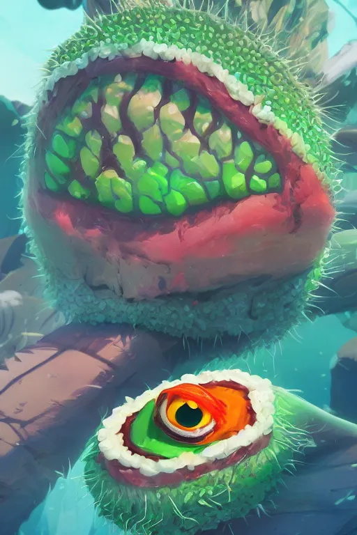 Image similar to 3 d render creature animal sushi cristal very big eye roots cactus elemental flush of force nature micro world fluo fishscale, comics gta 5 cover, official fanart behance hd artstation by jesper ejsing, by rhads, makoto shinkai and lois van baarle, ilya kuvshinov, ossdraws