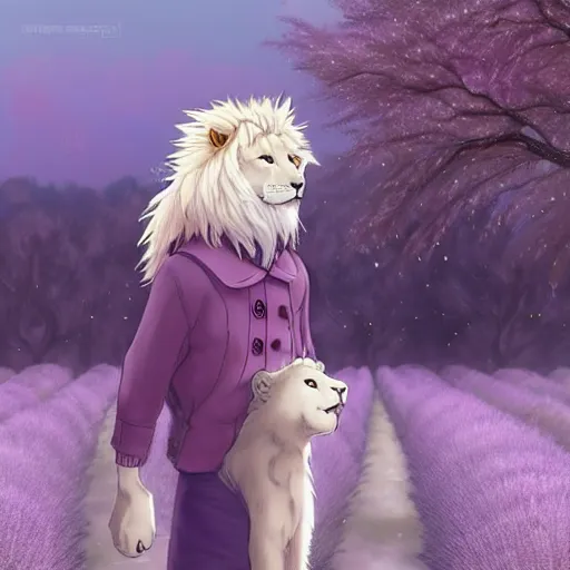 Image similar to aesthetic portrait commission of a albino male furry anthro lion under a lavender tree surrounded by by soap bubbles while wearing a masculine cozy soft pastel winter outfit, softest winter atmosphere. character design by artgerm, and makoto shinkai, detailed, inked, western comic book art, 2 0 2 0 award winning painting