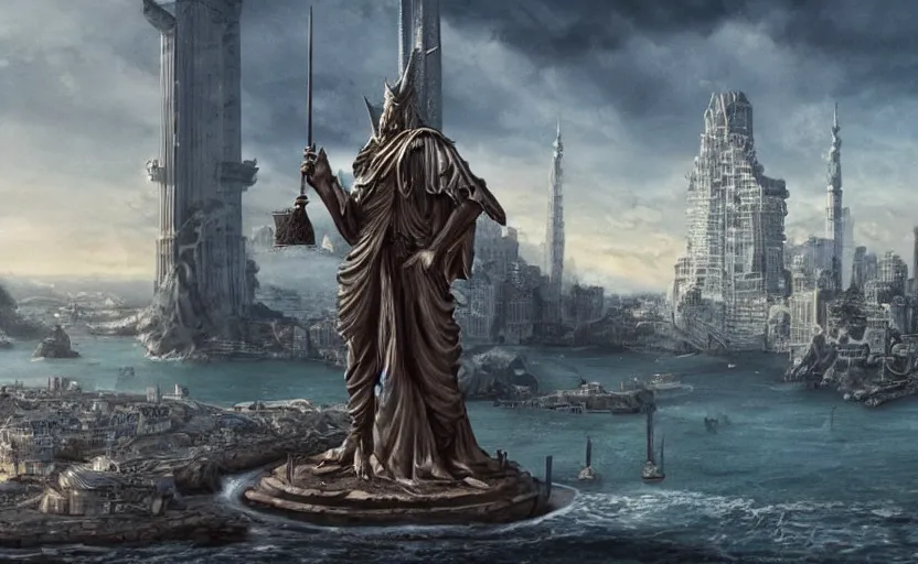 Image similar to A large statue of a wizard guarding a city, landscape art, concept art, intense, fantasy, inspiring, colossus of rhodes