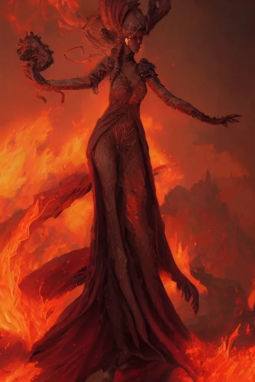 Prompt: fantasy character art by laura zalenga and alexander holllow frdosav, eldritch volcanic fire goddess clothed in a flaming gown, volcanic embers, magma, detailed matte fantasy portrait, dynamic lighting, by greg rutkowski, by peter mohrbacher, by brom, hyperrealism, detailed face, 8 k dop dof hdr