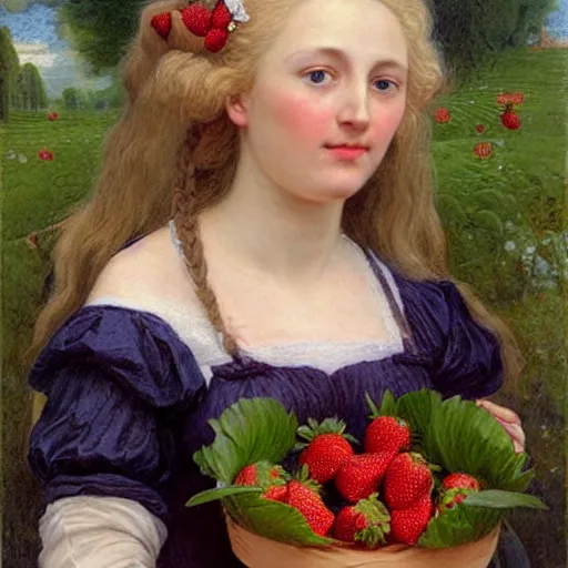 Prompt: A beautiful Blonde Woman with Locks selling strawberries in the style of Sophie Anderson, Portrait