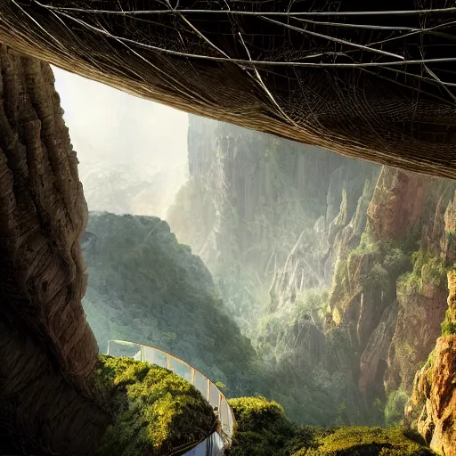 Prompt: a massive organic bio megastructure on a beautiful cliff side above a canyon, by robert hubert, by josip csoor, by laurie lipton, photorealistic, zaha hadid, volumetric lighting, horror, detailed, intricate, elden ring, raytrace, octane, mirror, psychedelic, cgscociety,