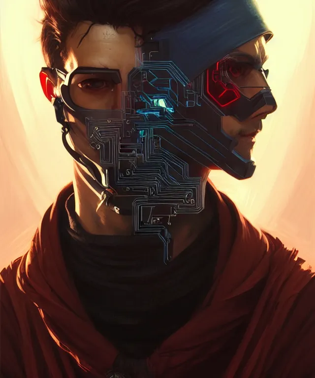 Image similar to Hacker cyberpunk man portrait, highly detailed, digital painting, artstation, concept art, smooth, sharp focus, illustration, art by artgerm and greg rutkowski and alphonse mucha