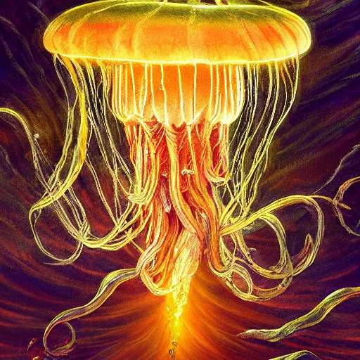 Image similar to baroque oil painting of a jellyfish flying through the sky!!! different realm, cinematic, dark fantasy, acrylic palette knife, high detail, hyper realism, 4 k resolution, 8 k resolution, full hd, neon, realistic painting by junji ito, laurie lipton and michael whelan