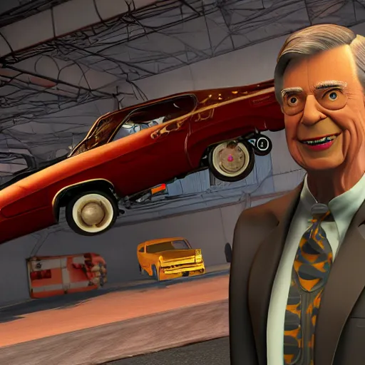 Prompt: wide shot of mr. rogers in the twisted metal video game, render, 8k, unreal engine