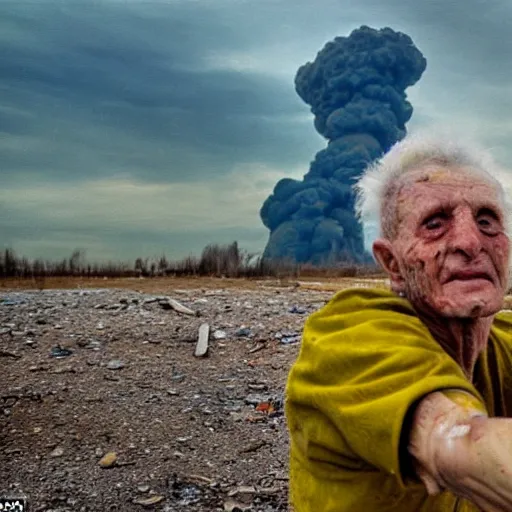 Image similar to selfie of the last surviving ukrainian, wild pain and damage to the body burns alive to the bone, painted in dirty yellow - blue colors, a huge nuclear explosion is approaching in the background