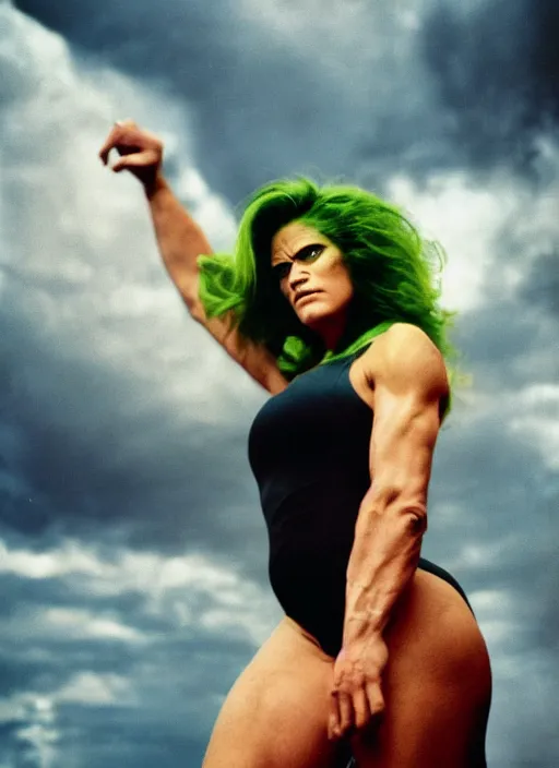 Image similar to a color photo portrait of she hulk in la by annie liebovitz, dramatic lighting, 7 5 mm lens, sharp focus.