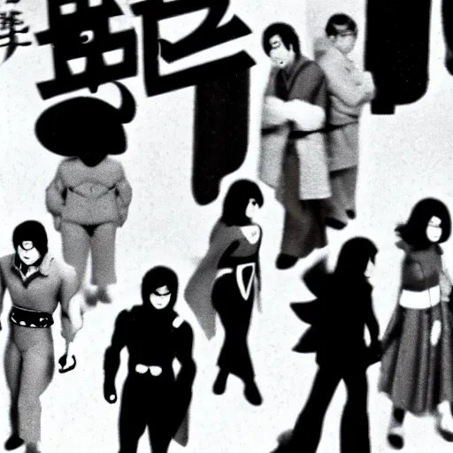 Prompt: japanese 70s black and White TV show, Photorealistic, cyborg superheroes walking the streets of Shinjuku