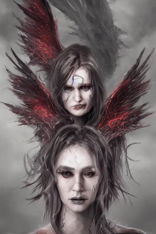 Prompt: character design, female wraith rising from ember ashes, tattered demonic wings, ultra detailed, digital art, 8k ,character ,realistic, portrait, hyperrealistic