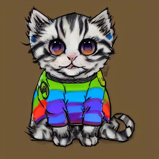 Image similar to wide angle full body, of a fluffy cute rainbow kitten wearing a black motorcycle jacket, concept art