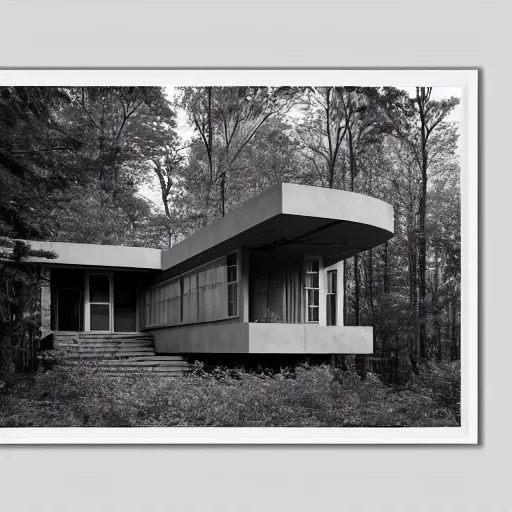 Image similar to architecture ad for a mid-century modern house in the middle of the forrest, designed by Frank Gehry. Film grain, cinematic, grayscale, blue hue