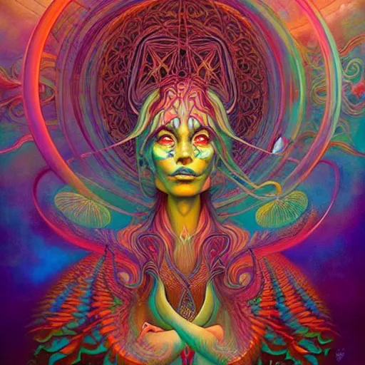 Prompt: psychedelic ayahuasca artwork of esao andrews frank peter mohrbacher, energy body, sacred geometry, esoteric art, divinity detailed, saturated colors,