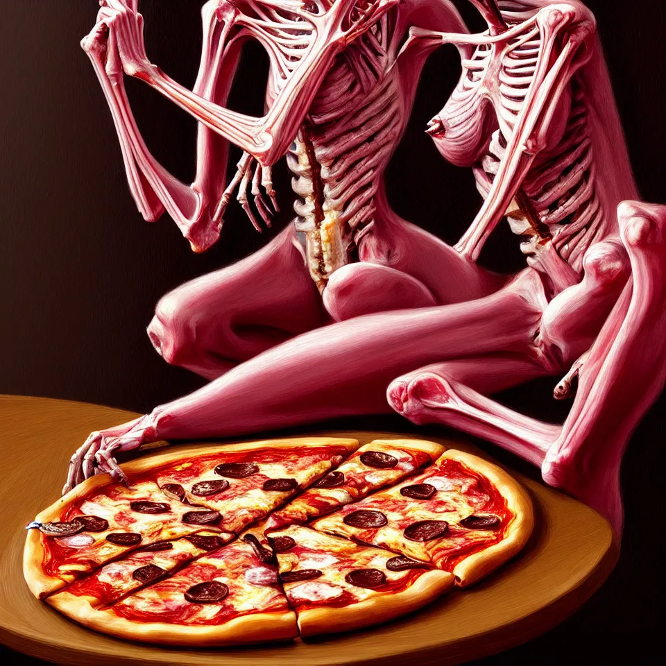 Image similar to bright realistic anorexic ribs boney obese eating herself to death, pizza, appartment, rotten flesh, diffuse lighting, fantasy, intricate, elegant, highly detailed, lifelike, photorealistic, digital painting, artstation, illustration, concept art, smooth, sharp focus, art by francis bacon