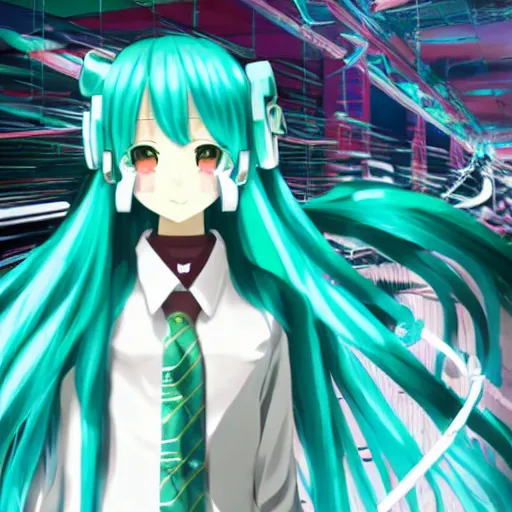Prompt: hatsune miku in the liminal space, backrooms, source, liminal spaces, high quality photo