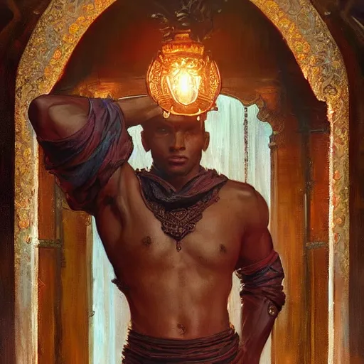 Prompt: brown-skinned male priest, fantasy, powerful, elegant, intricate, beautiful lighting, by Stanley Artgerm Lau, greg rutkowski, thomas kindkade, alphonse mucha, loish, norman Rockwell