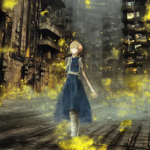 Image similar to post apocalyptic city, crying girl covered in yellow and blue smoke, by akihiko yoshida