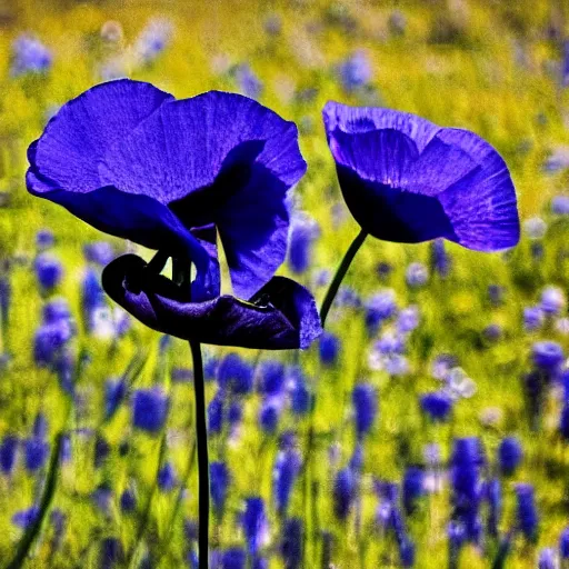 Prompt: detailed, intricate blue black and purple papaverum flower on the field, nebula in the sky