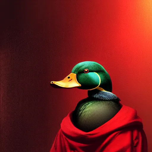 Prompt: portrait of cute mallard duck, wearing cultist red robe, inside a castle, black feathers, glowing arcane eyes, expressive oil painting, digital art, octane render