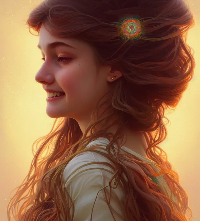 Image similar to symmetry!! portrait of hippie girl smiling, glowing hair!! serene, intricate, elegant, highly detailed, digital painting, artstation, concept art, smooth, sharp focus, illustration, art by artgerm and greg rutkowski and alphonse mucha, 8 k