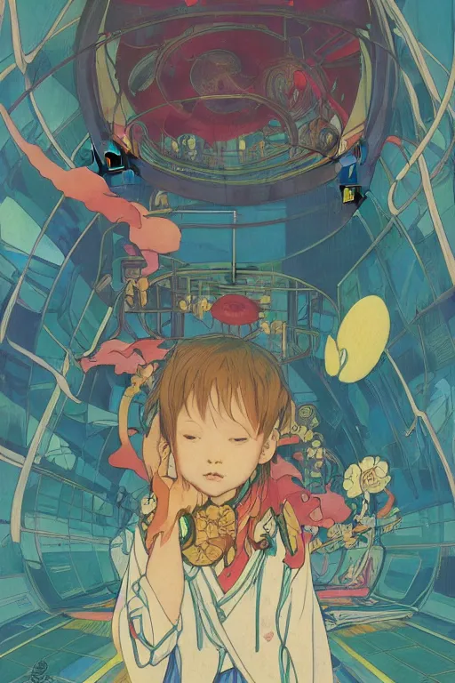 Prompt: a child waiting in a spacestation for a ride, loish, yoshitoshi abe,, yuya nagai, Ilya Kuvshinov, murata range, jean giraud, makoto shinkai, kawaii, sketch, alphonse mucha, vibrant colors, matte print, high saturation, detailed, studio lighting, anime, 1980s