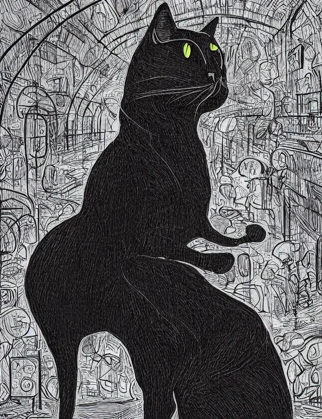 Prompt: realistic portrait of a stoned black cat with a hoodie in the NYC subway looking at a train arriving to late by James Jean