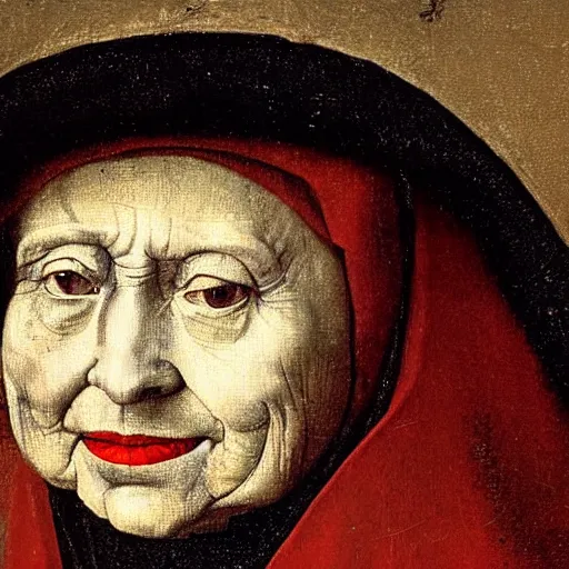 Prompt: close up on queen elizabeth face painted as a poor beggar by hieronymus bosch