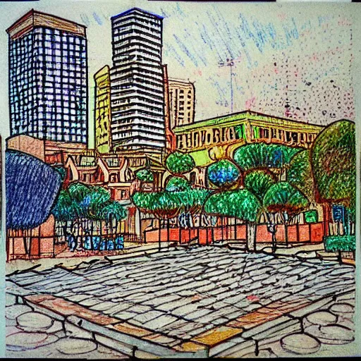 Prompt: drawing of a square in tel aviv with bauhaus buildings. art. colored. highly detailed. pen drawing water colors.