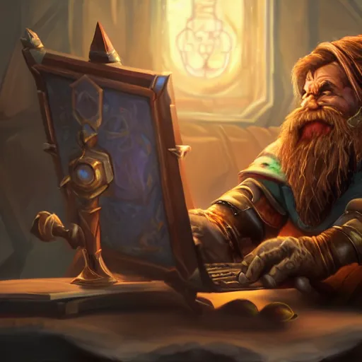 Image similar to A dwarf using a computer, artwork by World of Warcraft Direction Art, detailed, dynamic, cinematic composition