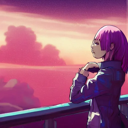 Prompt: android mechanical cyborg anime girl child overlooking overcrowded urban dystopia sitting. Pastel pink clouds baby blue sky. Gigantic future city. Raining. Makoto Shinkai. Wide angle. Distant shot. Purple sunset. Sunset horizon ocean reflection. Pink hair. Pink and white hoodie. Cyberpunk. featured on artstation. robotic wired knee pivot. white sweater. exposed wire. circular knee.