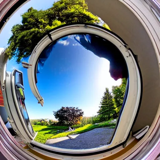 Prompt: fisheye view of dinosaur stealing packages from front porch, ring doorbell view