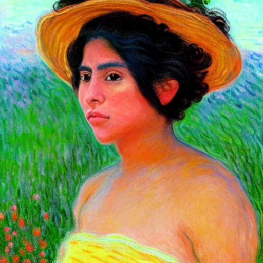 Image similar to beautiful tan mexican woman, landscape, prominent rosy cheek bones, black hair and brown eyes, monet and da vinchi art style,