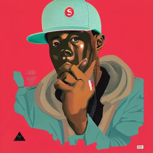 Image similar to Portrait of Tyler the creator by Supreme x Sachin Teng :4 asymmetrical, Matte Painting , Vector art, geometric shapes, hard edges, energetic, graffiti, street art:2 Masterpiece, high detail, by Sachin Teng:4