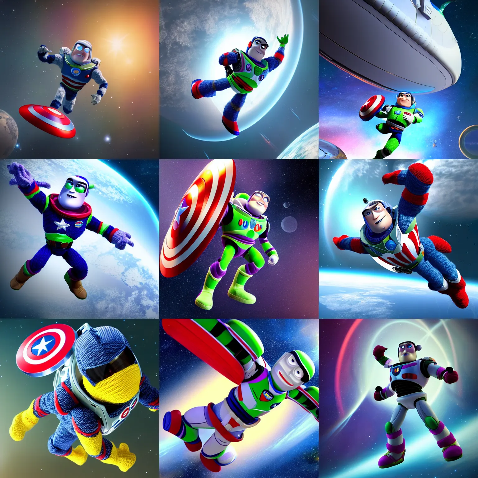 Prompt: a photorealistic photograph of a knitted Buzz Lightyear as Captain America flying through outer space featuring shield Trending on Artstation, featured on Behance, well-rendered, Unreal Engine, 4K HD