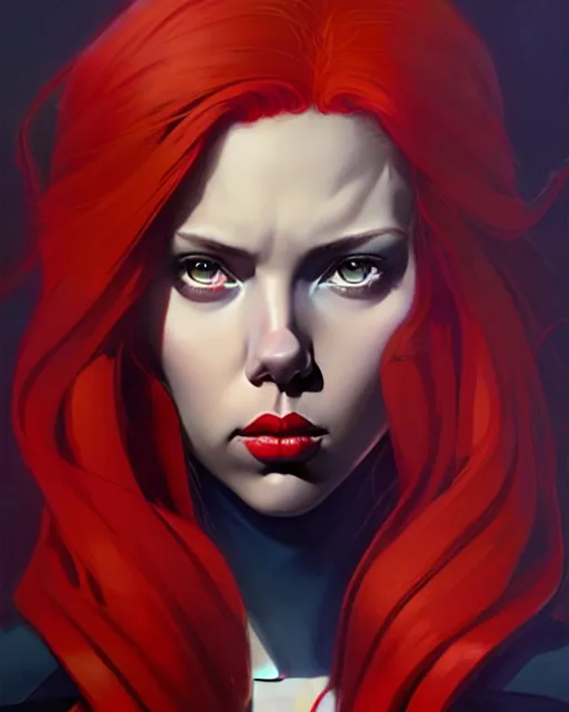 Image similar to peter mohrbacher, phil noto, artgerm, pretty scarlett johansson black widow, symmetrical eyes, long red hair