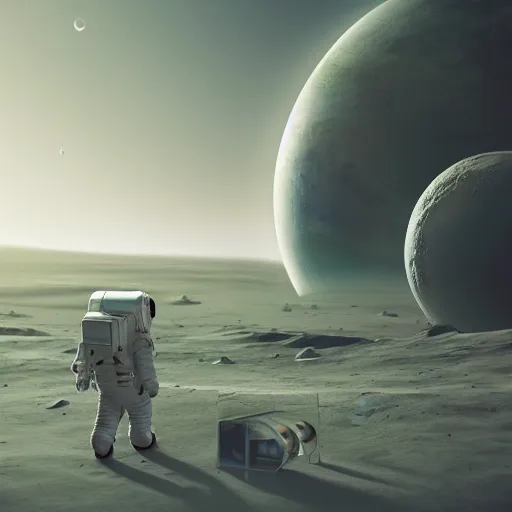 Image similar to two astronaut kids on the surface of the moon with a biosphere in the distance in the style of stalenhag, render, VRay, octane, beige and white color scheme, 8K