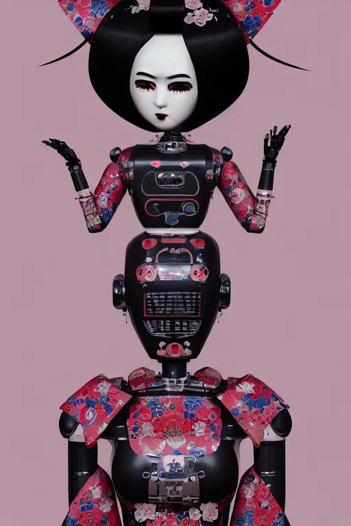 Image similar to full body portrait of a gothic japanese robot geisha with kanji tattoos and decals wearing a digital pixelated kimono, intricate design, photorealistic, octane render, raytraced, ultra fine detailed, character design, trending on artstation